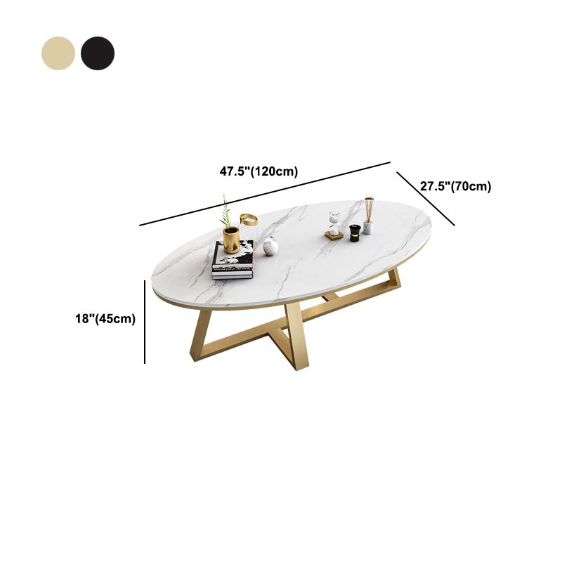 White Oval Stone Top Coffee Table with Iron Cross Base Cocktail Table