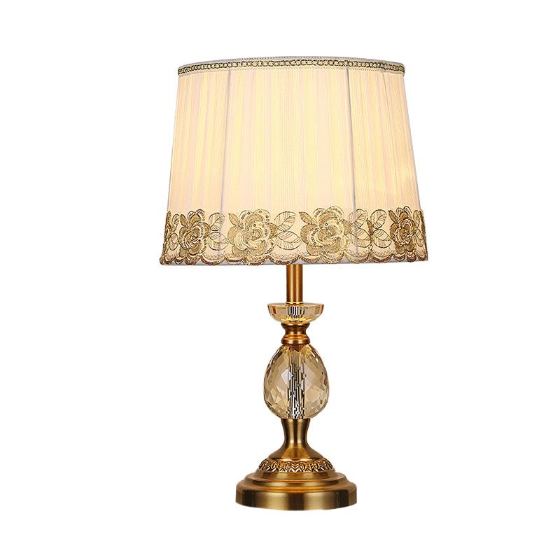 Fabric Beige Table Lamp Tapered Drum 1 Light Minimalism Night Light with Crystal Base