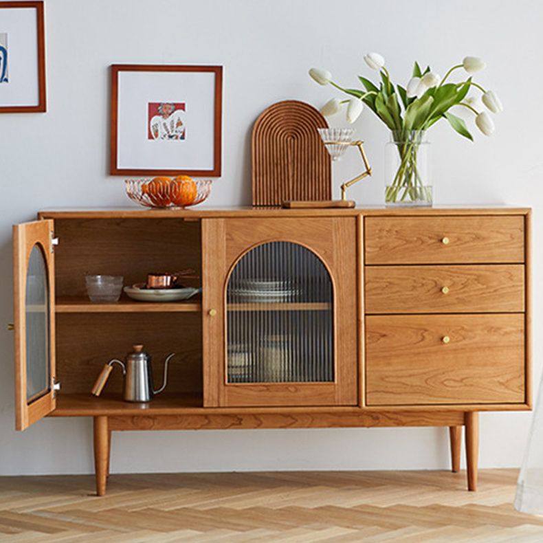 Mid-Century Modern Cabinet Cherry 1Shelves 3 - Drawer Knobs Straight Legs Accent Cabinet