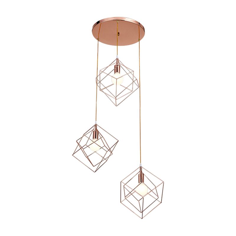 Rose Gold Finish Cube Cage Multi Ceiling Light Modern 3 Bulbs Iron Ceiling Suspension Lamp with Round Canopy