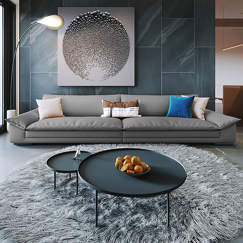 Modern Faux Leather Sofa and Chaise Gray Pillow Top Arm Sectional for Apartment