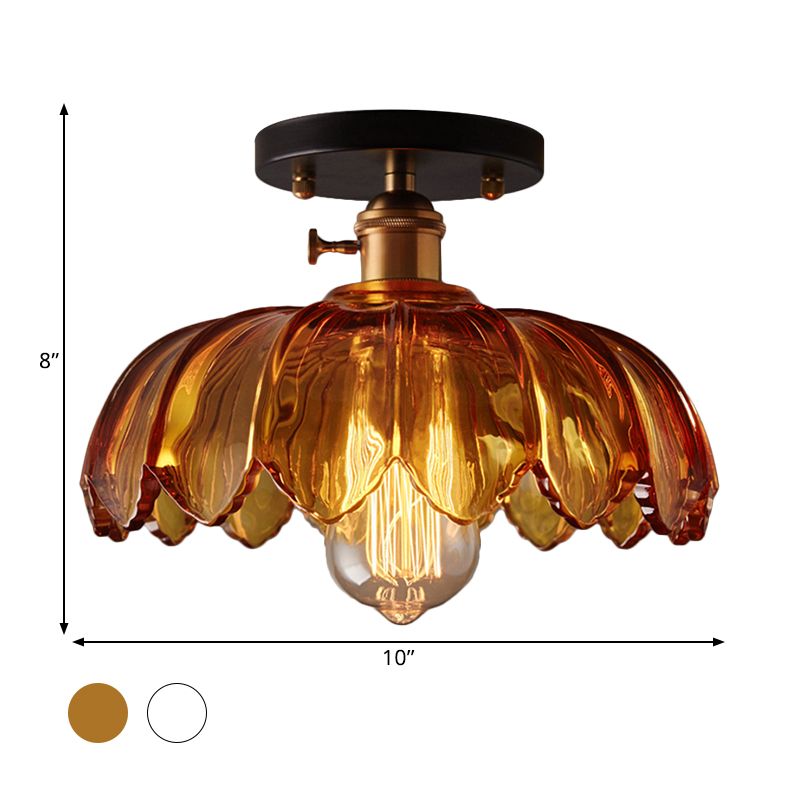 White/Amber One Light Ceiling Mount Industrial Prismatic Glass Scalloped Semi Flush Light