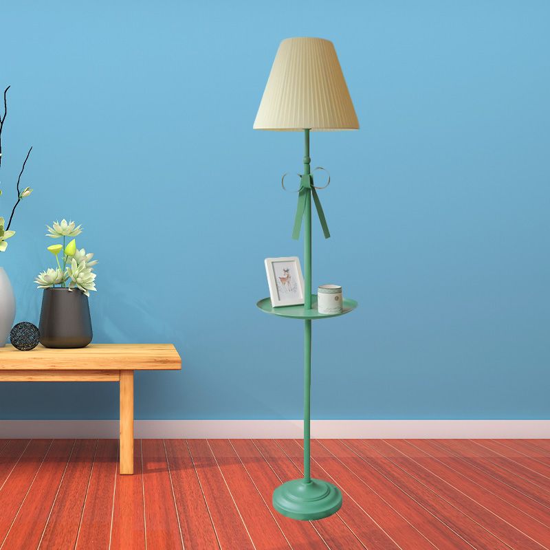 Ribbon Floor Standing Lamp Kids Iron Single Green Floor Light with Beige/Pink Pleated Shade