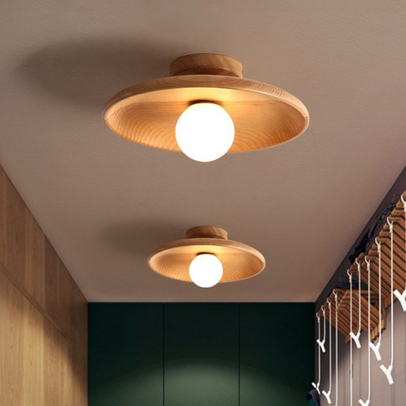 Shallow Bowl Shaped Ceiling Lamp Minimalist Wooden 1 Head Aisle Semi Flush Mount Light