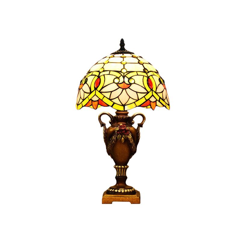 Éclairage de bureau en dôme jaune / vert Méditerranée 1 lampe de nuit à motifs de fleur en verre coupé à la main légère avec base de trophée
