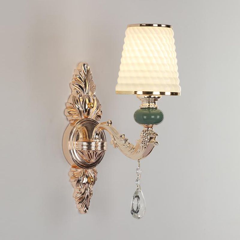 Traditional Tapered Wall Mount Light Textured Glass Wall Light Fixture with Hanging Crystal in Gold