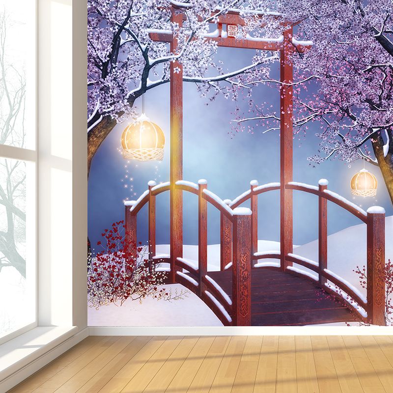 Giant Modern Wall Mural in Red Flower and Bridge Wall Art, Custom Size Available