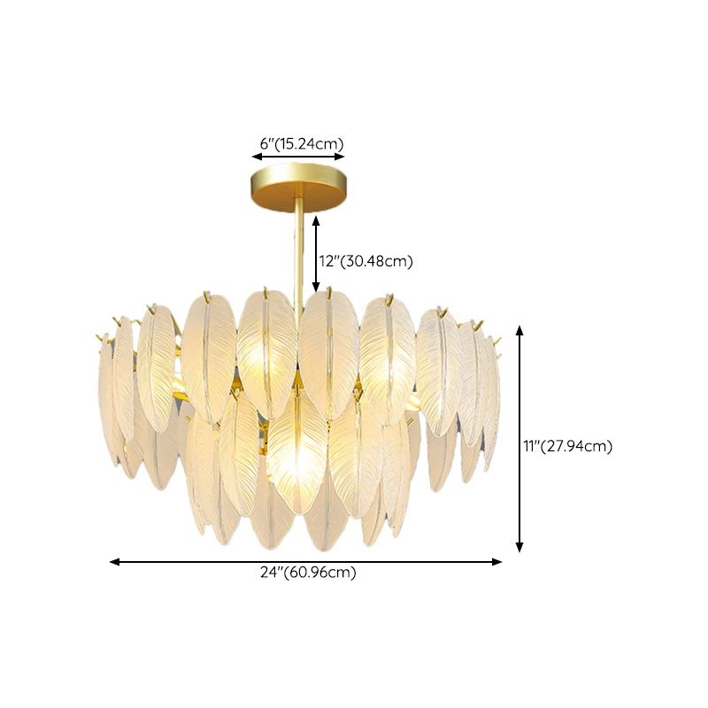 Gold Modern Metal Ceiling Light Feather Shape Island Lamp with Glass Shade for Living Room