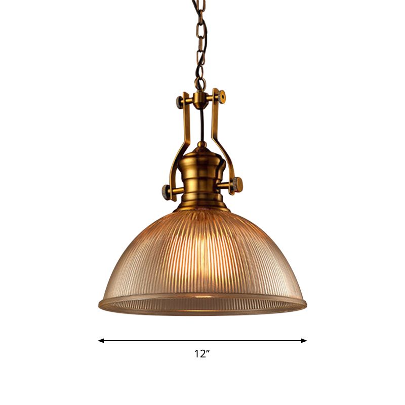 Brass Finish Bowl Pendant Lighting Warehouse Clear Ribbed Glass 1 Head 12"/15"/19.5" W Bistro Hanging Light with Handle