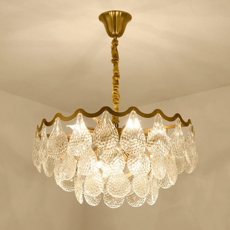 Tiered Bedroom Chandelier Lamp Postmodern Clear K9 Crystal 8 Bulbs Brass Suspension Light