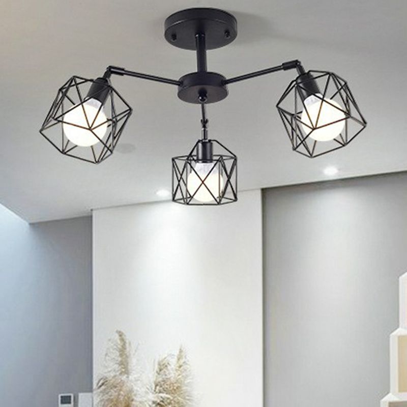 Plafonnier encastré industriel pour salon avec cage hexagonale en fer noir