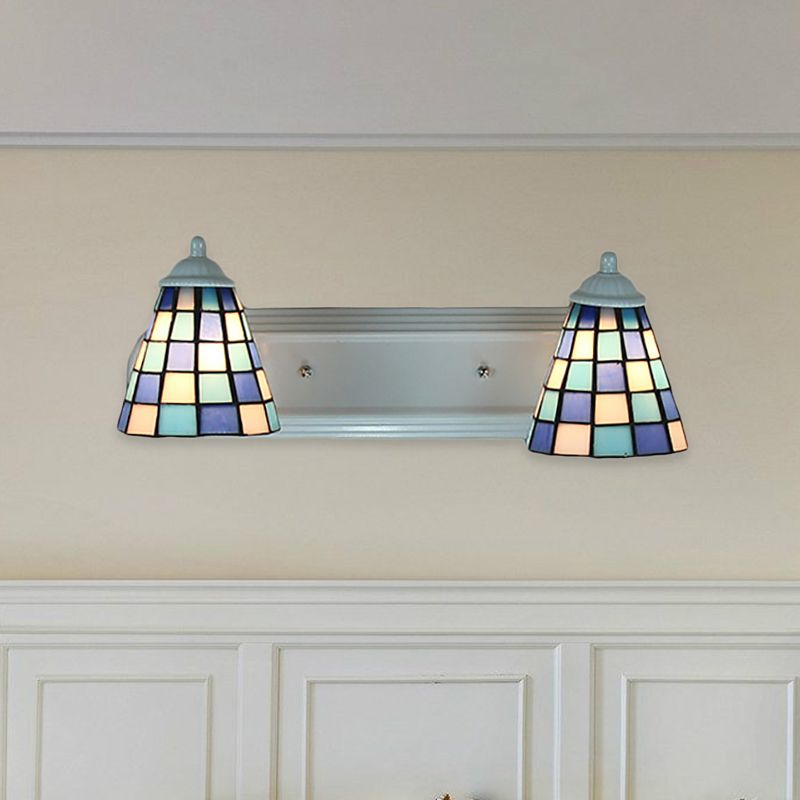 Conical Blue Glass Wall Mounted Light Baroque 2 Heads Sconce Light with Grid Pattern