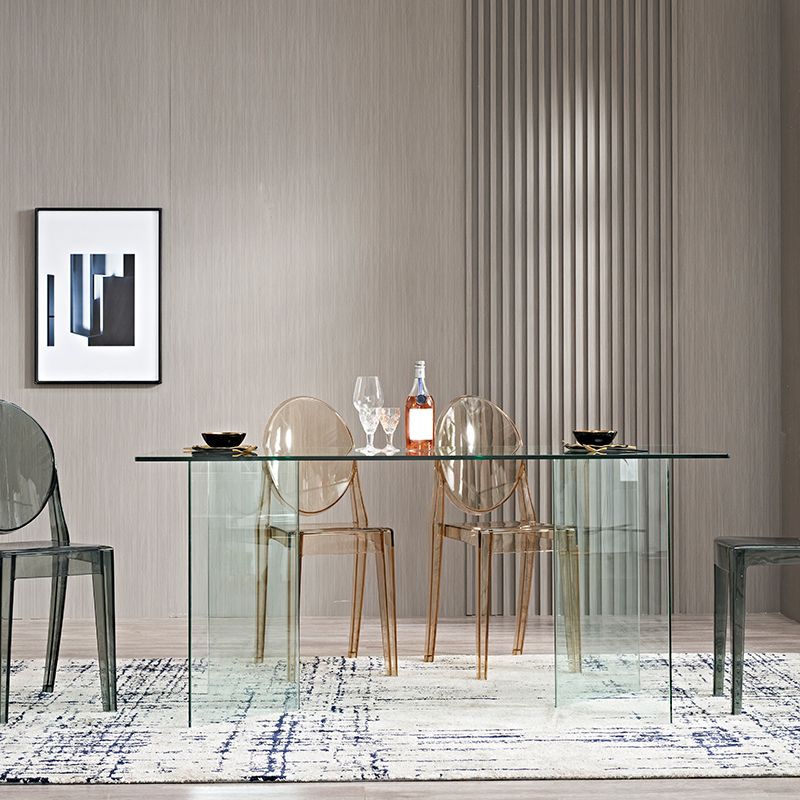 Modern Rectangle Glass Top Dining Table with Double Pedestal Base