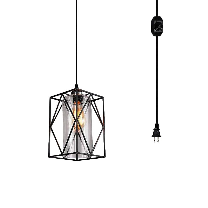 Black Cylinder Pendant Ceiling Light Farmhouse Clear Glass/Fabric 1 Light Living Room Hanging Lamp with Plug