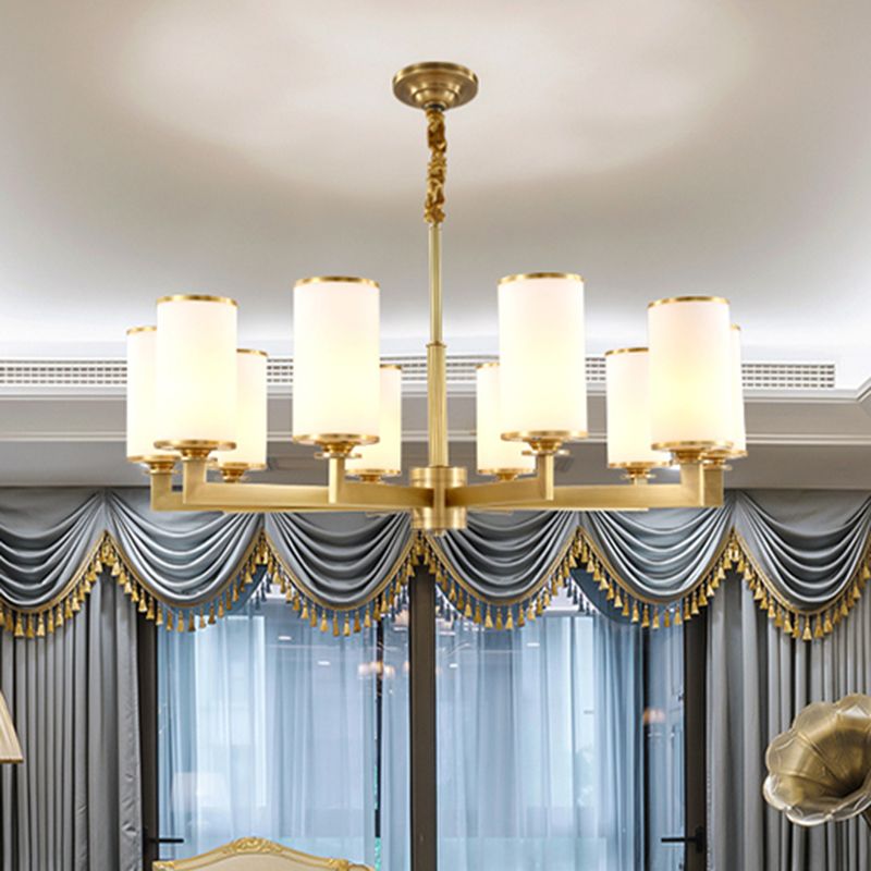Traditional Brass Cylinder Chandelier Lamp Glass Shade Multi-light Hanging Light Fixtures