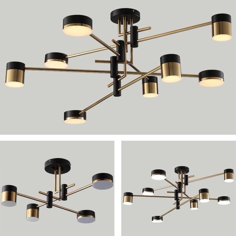 Modern Metal Radial Hanging Chandelier Light Drum Shade LED Suspension Light in Black for Living Room