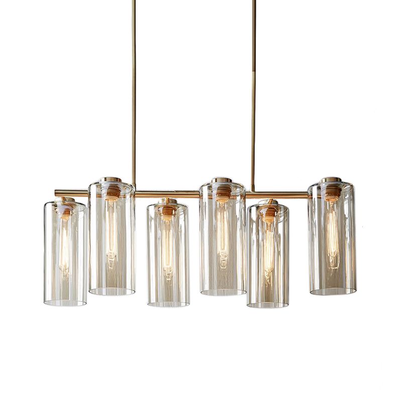 6 Bulbs Dining Room Island Light Modern Champagne Pendant Lighting Fixture with Cylindrical Cognac Glass Shade