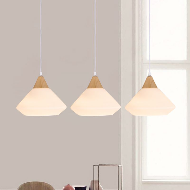 Wood Cone Multiple Hanging Pendant Light Simple 3 Bulbs Cream Glass Ceiling Lamp Fixture