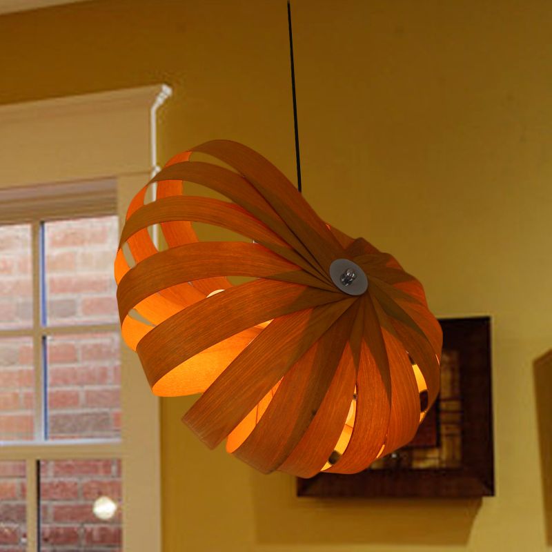 1 Head Restaurant Ceiling Light Asian Yellow Pendant Lighting Fixture with Curvy Wood Shade