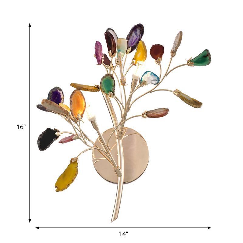 Metallic Branch Wall Lighting Fixture Lodge Style 2 Lights Sconce Light with Multi Colored Crystal Deco in Gold Finish