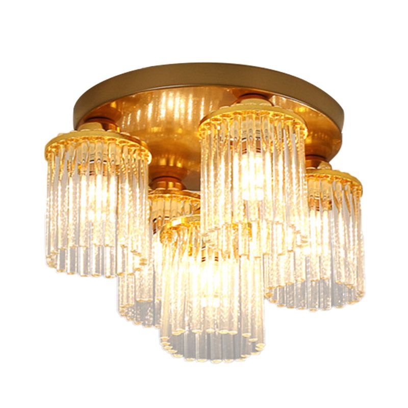 Cylinder Crystal Rod Ceiling Light Fixture Postmodern 5/10/12 Heads Brass Semi Flush Mount Lamp