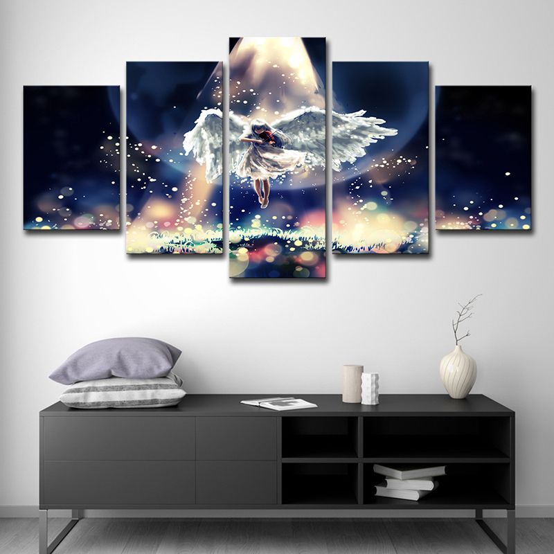Fantasy Firefly and Angel Canvas Cartoon Multi-Piece Wall Art in Black-Blue