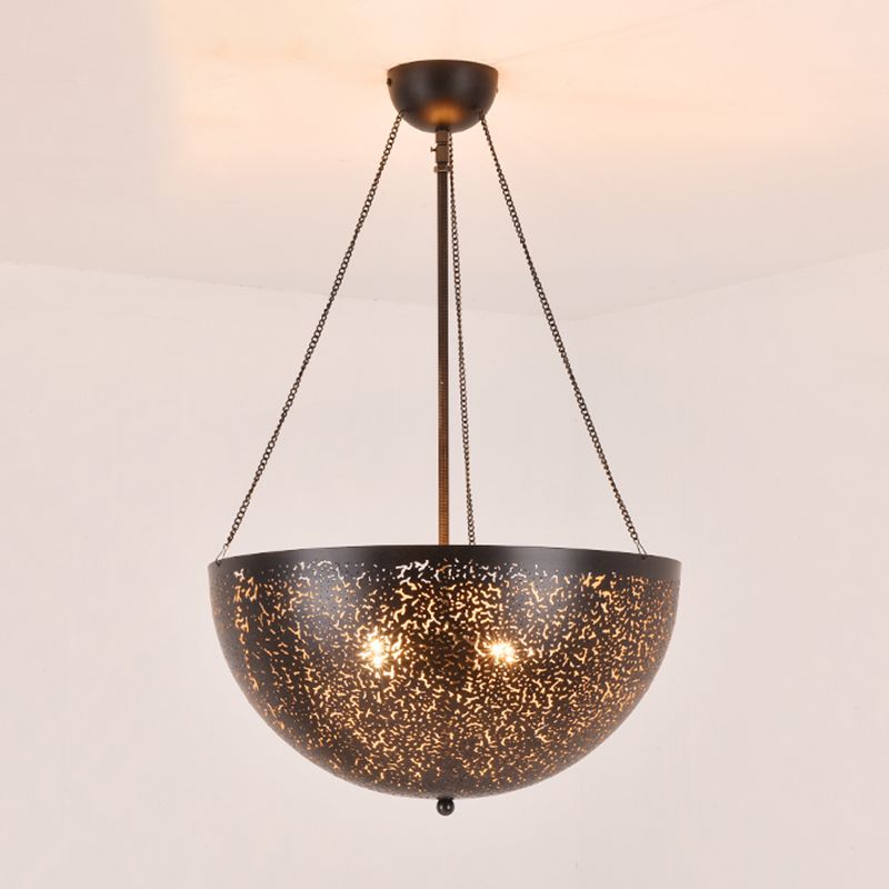 Bowl Restaurant Chandelier Vintage Metal 3-Light Black Hanging Ceiling Lamp with Hollow-Out Spot/Circle/Flower Pattern