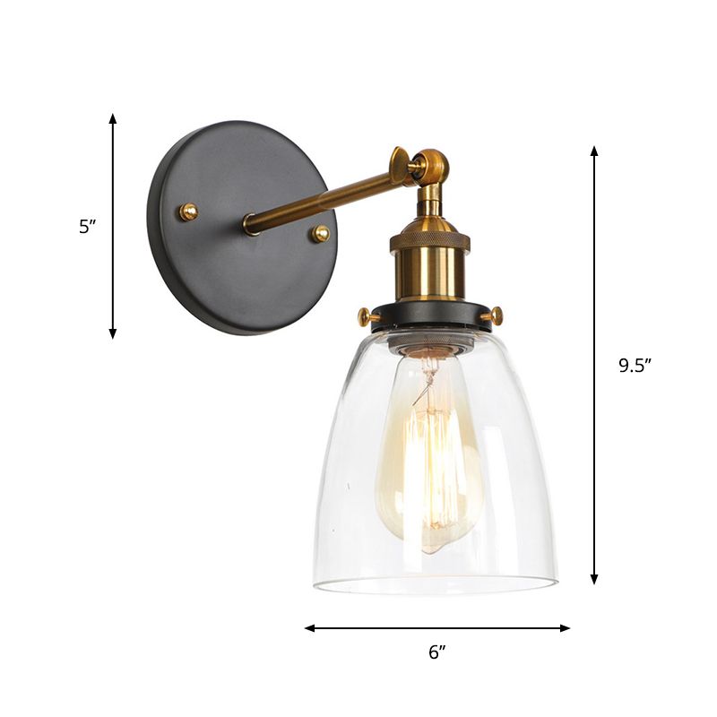 Tazón/calabaza/lámpara de lectura de la noche acampanada vidrio transparente antiguo 1 bulbo de pared de marco negro con junta de pivote