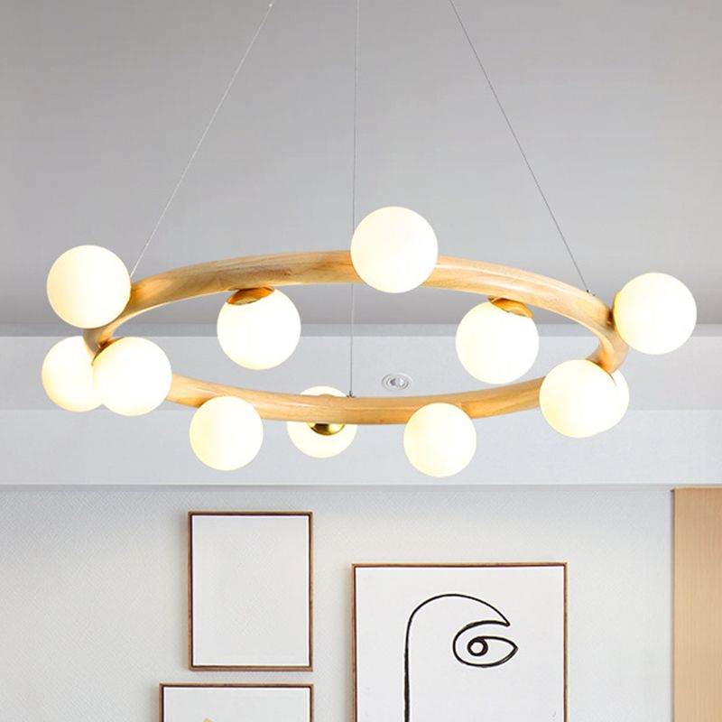 Modern Minimalist Round Chandelier Light Fixture Natural Wood Living Room Ceiling Chandelier
