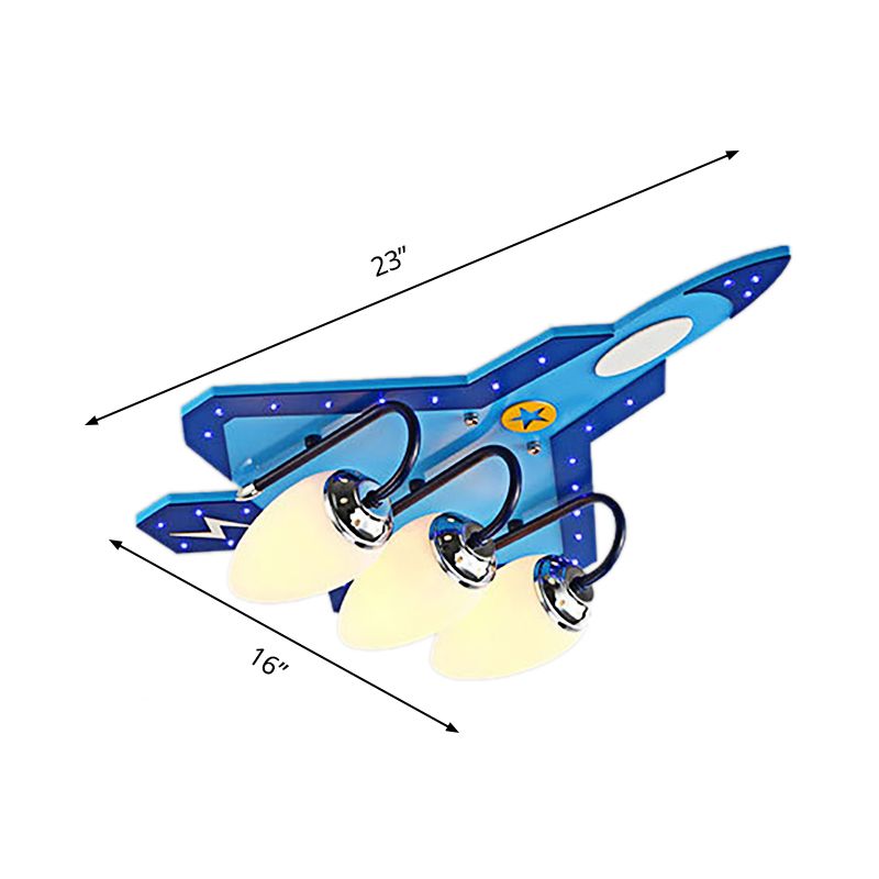 Kid Bedroom Fighter Plane Flush Mount Ceiling Light Metal 4 Bulbs Cartoon Blue Ceiling Light