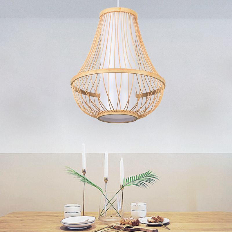 Teardrop Ceiling Light Japanese Bamboo 1 Bulb Wood Pendant Lighting Fixture with Tubular White Parchment Shade