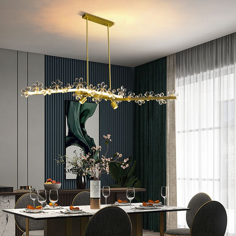 Floral Crystal Linear Island Light Postmodern Gold LED Pendant Light for Dining Room