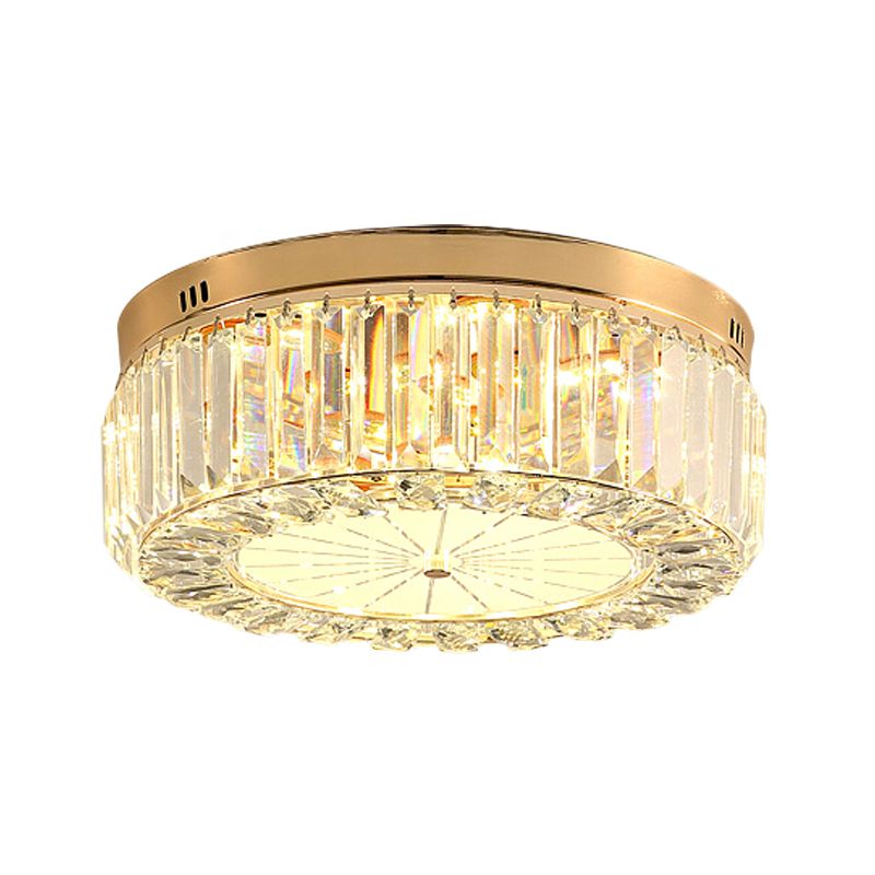 16"/19.5" Wide Drum LED Flushmount Modern Clear Prismatic Optical Crystal Living Room Close to Ceiling Lighting in Gold