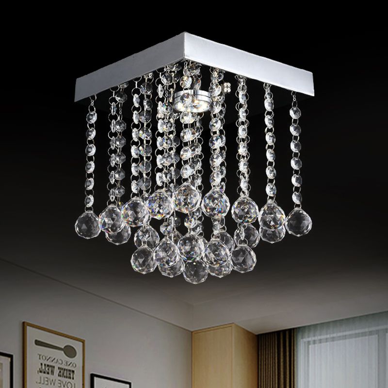 Square Cascading Crystal Flush Mount Chrome Ceiling Light Fixture with Crystal Balls