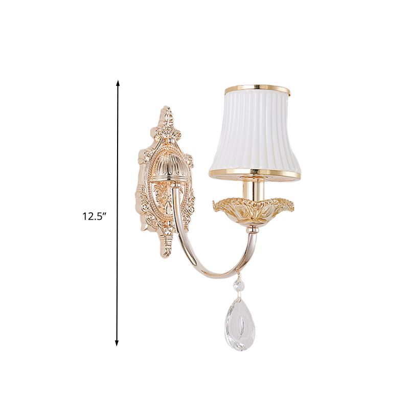 1/2-Light Flared Wall Light Sconce Traditionalism Brass Frosted White Glass Wall Lighting Fixture with Crystal Draping
