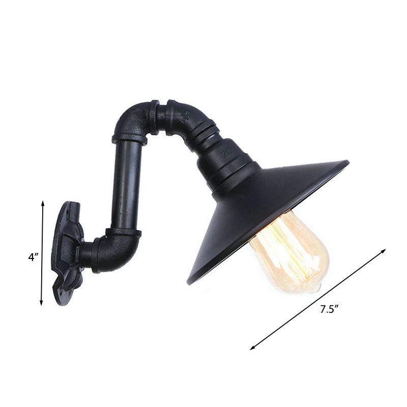 Farmhouse Cone Shade Wall Lamp with Curved Pipe 1 Head Metallic Wall Sconce Lighting in Black Finish