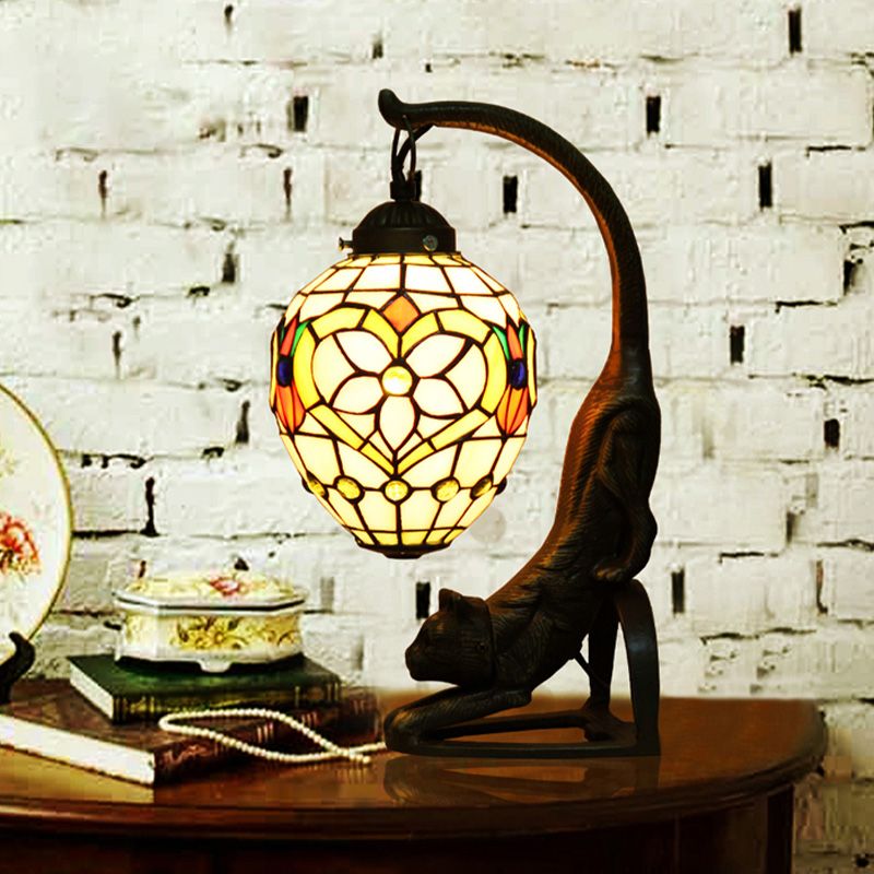 Droplet Desk Lamp Tiffany Style Hand Cut Glass 1 Light Bronze Finish Cat Nightstand Light with Flower Pattern