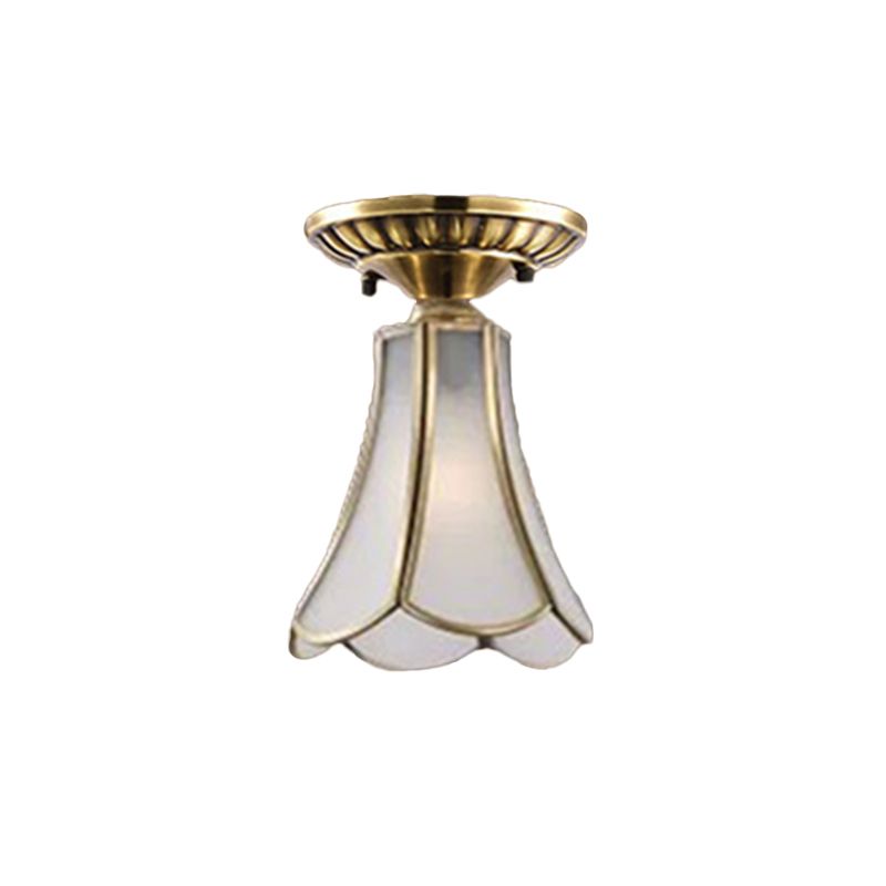 Curved/Cylinder/Flower Frosted Glass Flush Lamp Colonial 1-Light Corridor Flush Mount Light in Brass