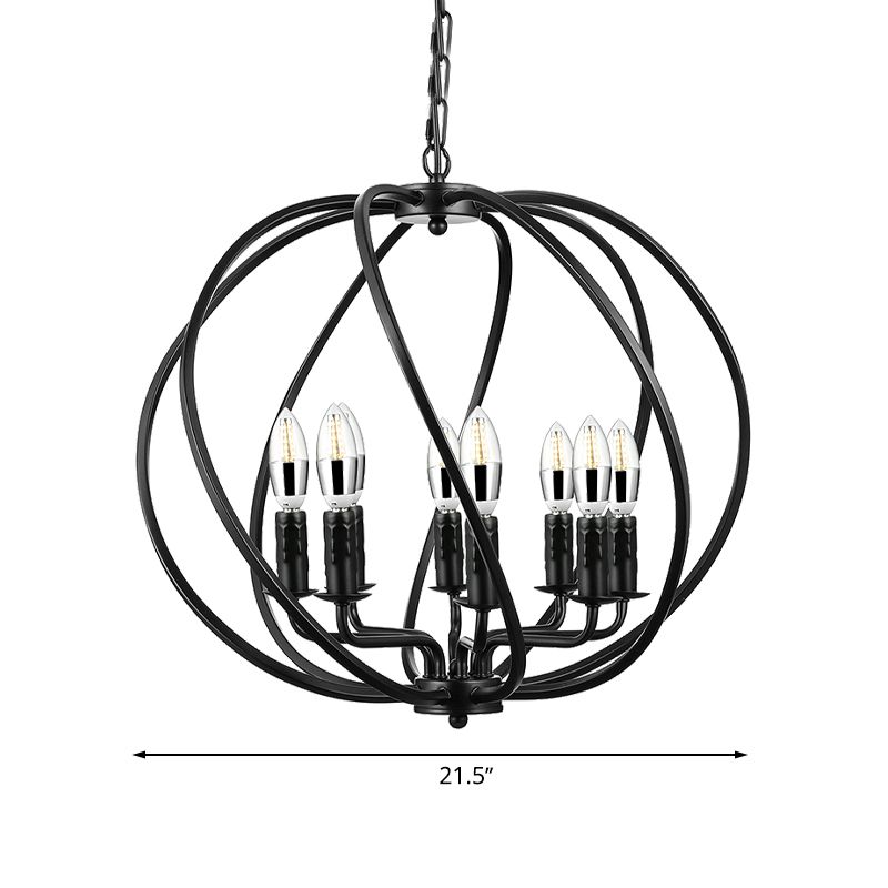 Black Round Cage Chandelier Lighting Industrial Metal 8 Lights Dining Room Large Pendant Light with Candle Decoration