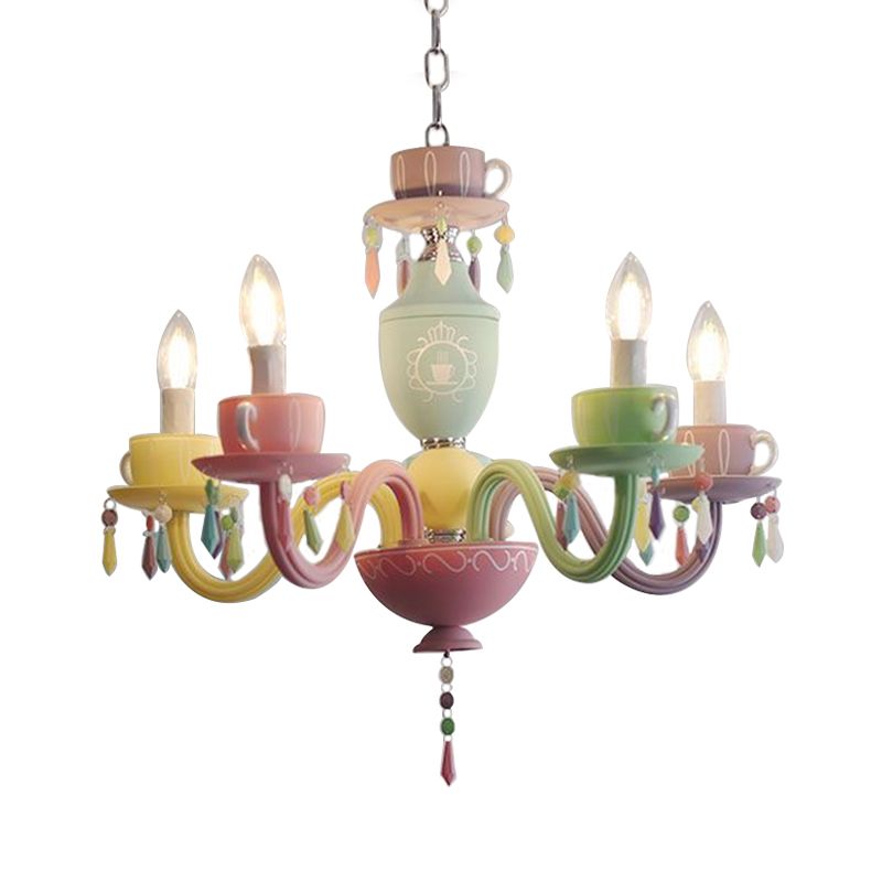Macaroon Cup Crystal Chandelier 5/6 Lights Pendant Lighting armatuur in blauwgele groene pink