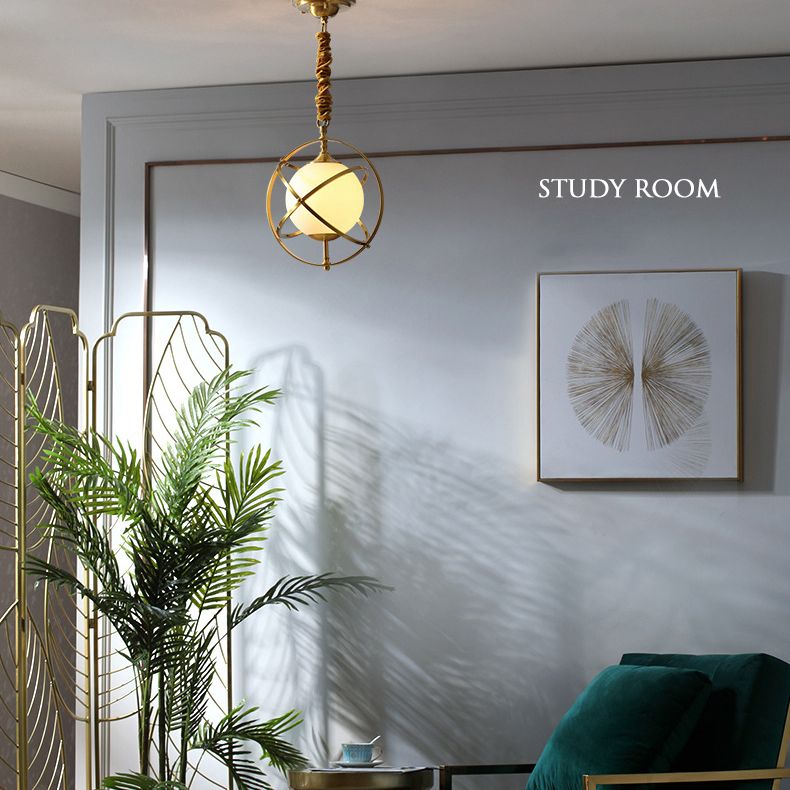 11" Wide Full Copper Triple Rings Lighting Pendant White Glass Shade Suspension Lamp in Gold