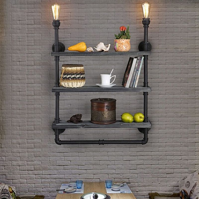 Water Pipe Shelf Iron Wall Lamp Rustic Style Restaurant Wall Light Fixture in Black