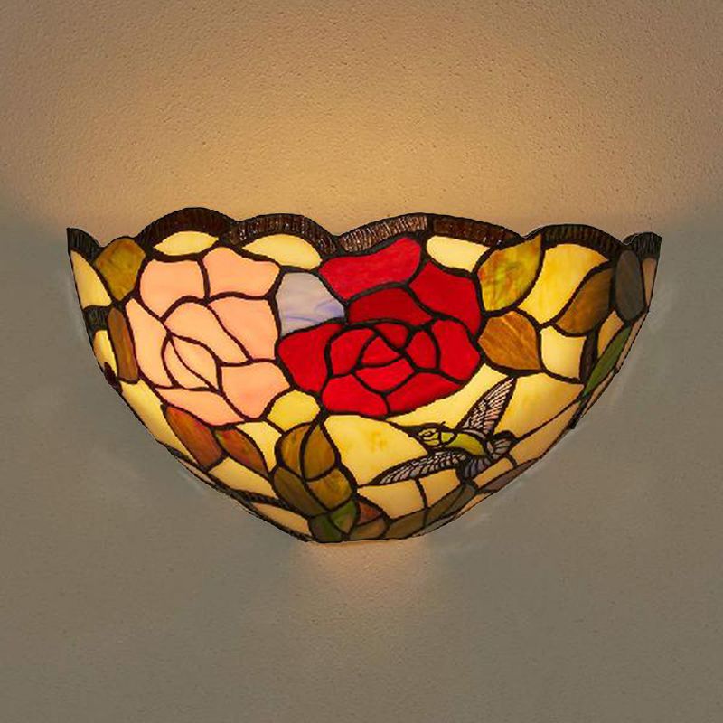 Rose Pattern Wall Mount Light with Bowl Shade 1 Light Stained Glass Lodge Tiffany Wall Lamp