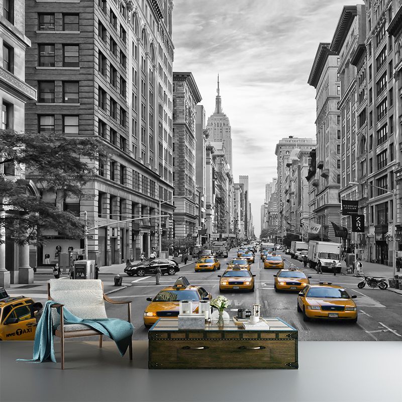 City Street View Wall Mural Decal Modernist Non-Woven Wall Art in Black and White