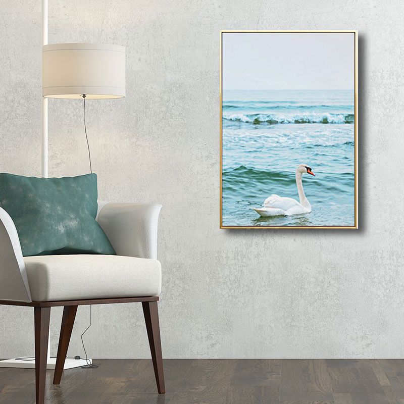 Swan Canvas Print Minimalism Relaxing Sea Wall Art Decor in Blue, Multiple Size Options
