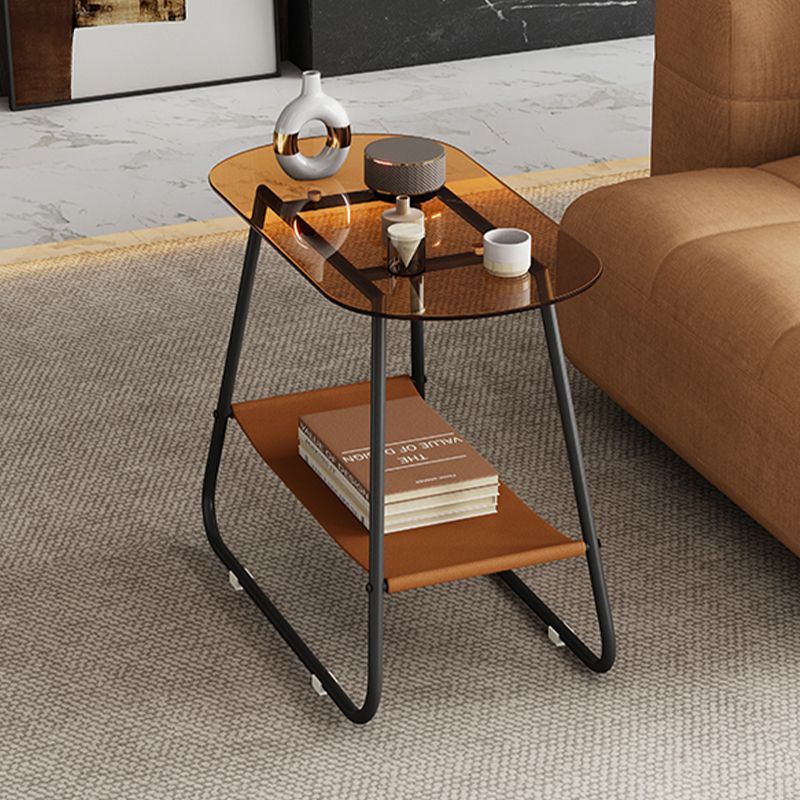 End Table Glass Sled with Storage Oval Contemporary Double Tier Side Table