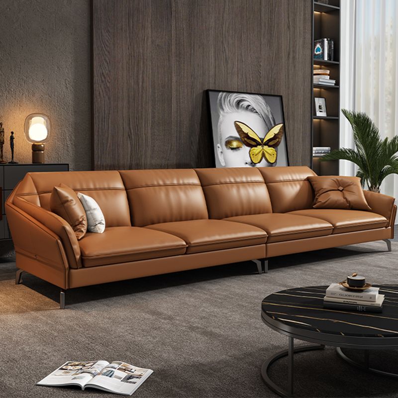 Contemporary Genuine Leather Sewn Pillow Back Sofa 35.43"High Flared Arm Sofa,Dark Brown