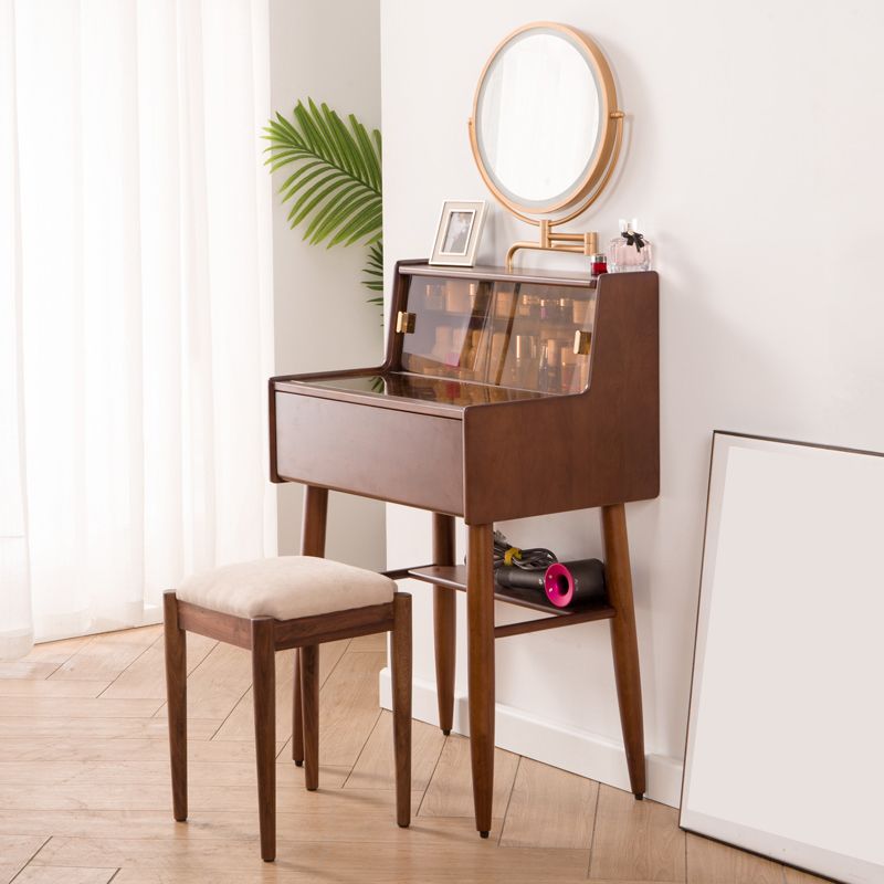 Modern Vanity Table and Stool Set Wooden and Glass With Drawer Vanity Desk