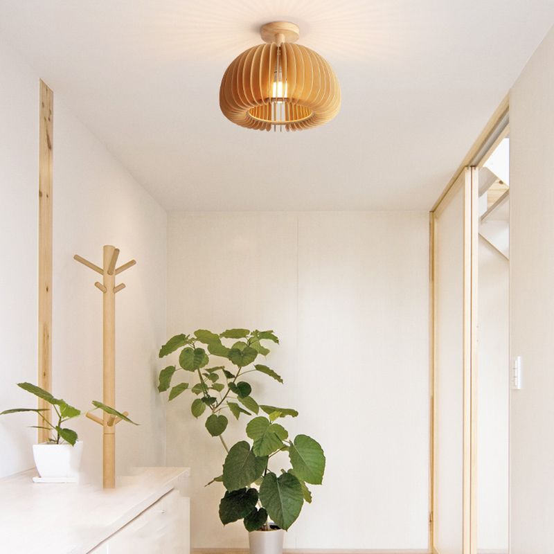 1-Light Ceiling Light Modern Ceiling Mount Light with Wood Shade for Living Room