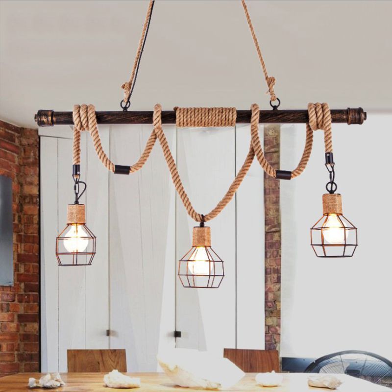 Beige 3-Light Island Lamp Industrial Metal Grenade Shaped Pendant Light with Pipe and Hemp Rope